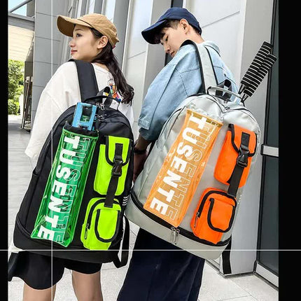 Orange And Black Stylish Sports Backpack with Contrast Pockets - Unisex Gym Bag for Badminton & Tennis