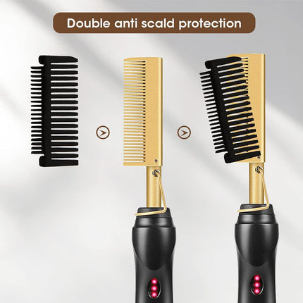 Black Electric Hot Comb Hair Straightener - Fast Heating Styling Tool with 3 Temp Settings & Anti-Scald Guard
