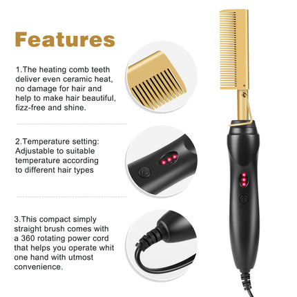 Rose Red And Black Electric Hot Comb Hair Straightener - Fast Heating Styling Tool with 3 Temp Settings & Anti-Scald Guard