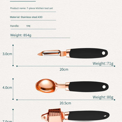 Green And Rose Gold 7-Piece Kitchen Gadget Set - Stainless Steel Utensils with Comfort Grip Handles