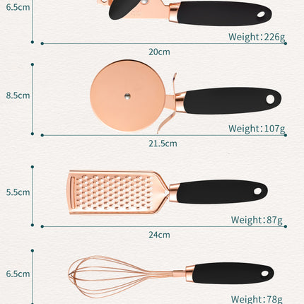Green And Rose Gold 7-Piece Kitchen Gadget Set - Stainless Steel Utensils with Comfort Grip Handles