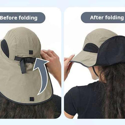 Black Wide Brim Sun Hat with Cape - Foldable UV Protection - 10cm Brim
