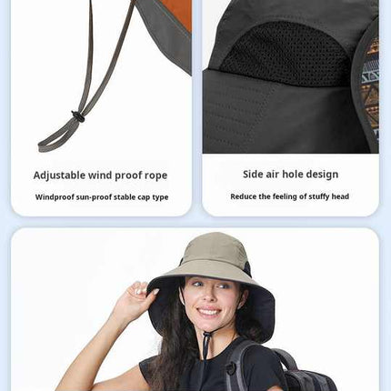 Black Wide Brim Sun Hat with Cape - Foldable UV Protection - 10cm Brim
