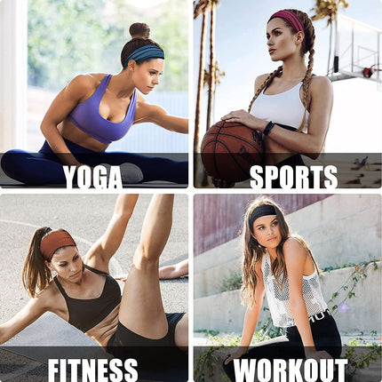 Black 5-Pack Wide Sports Headbands for Women - Non-Slip Yoga Headwraps with Sweat-Wicking Fabric (88% Nylon+12% Spandex)
