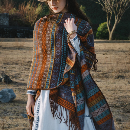 Red Elegant Jacquard Knit Shawl Wrap - Versatile Oversized Scarf (150cm x 130cm)