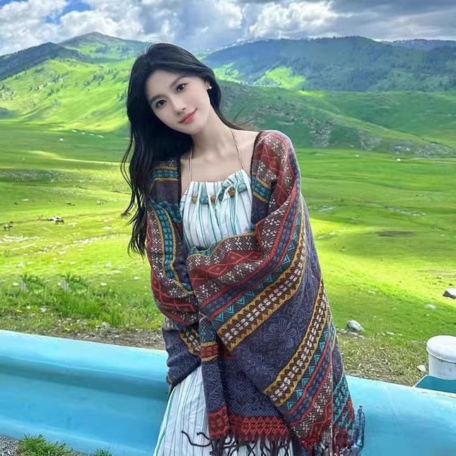 Blue Elegant Jacquard Knit Shawl Wrap (150cm X 130cm)