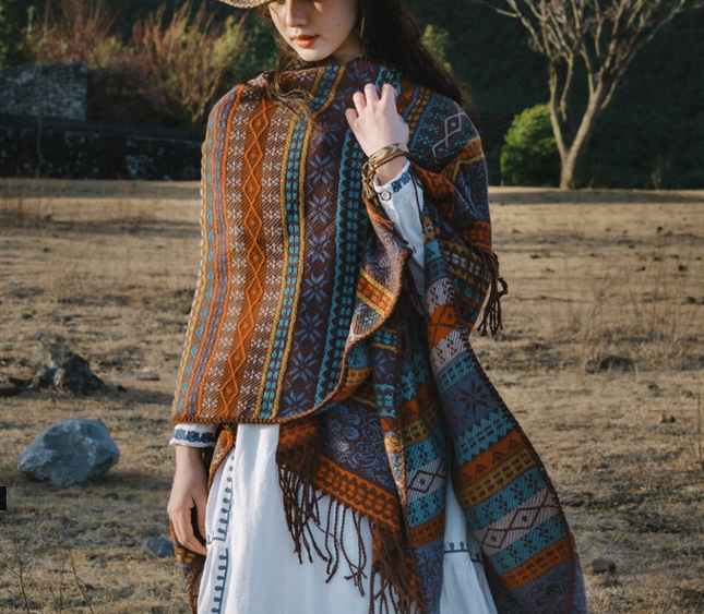 Blue Elegant Jacquard Knit Shawl Wrap (150cm X 130cm)