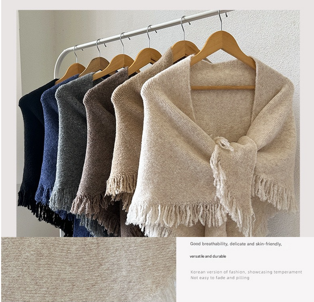Black Elegant Knit Scarf Shawl with Tassels - Versatile Warm Wrap (65cm x 175cm)