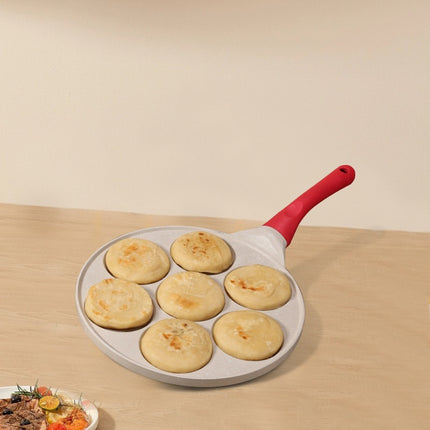 Beige Cartoon + Wood Grain Handle (Gas Model) Non-Stick Pancake Pan - 7-Hole Fun Shapes Breakfast Griddle (27cm)