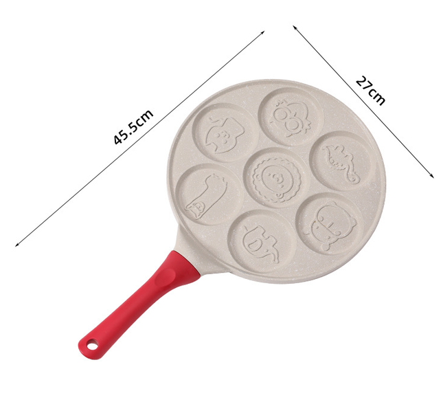 Beige Heart + Wood Grain Handle (Gas Model) Non-Stick Pancake Pan - 7-Hole Fun Shapes Breakfast Griddle (27cm)