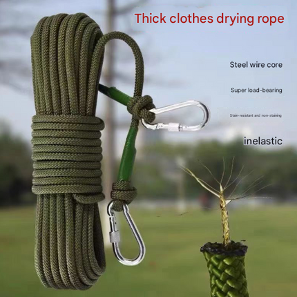 Green With Wire Core Heavy Duty Adjustable Clothesline Set (4 Pack) - 15m Steel Wire Core Nylon Rope with Hooks for Outdoor & Camping
