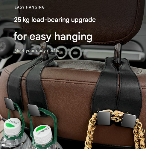 Black Heavy Duty Car Headrest Hooks (Set of 4 Units) - PU Leather Seat Back Organizer Hangers