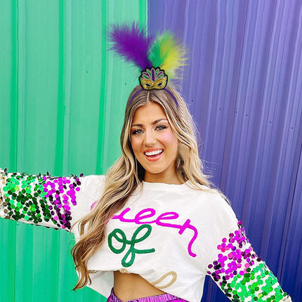 Heart Pattern Festive Mardi Gras Feather Headband Set - 10 Pack Sequin Jester Hat Party Accessory