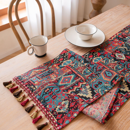 Jacquard Date Red Two Orioles 33-180cm Elegant Geometric Jacquard Table Runner with Tassels - Modern Dining & Coffee Table Decor