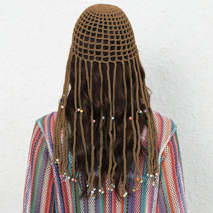 Coffee Boho Hand-Crocheted Tassel Sun Hat - Lightweight Breathable Beach Cap (Fits 55-60cm)