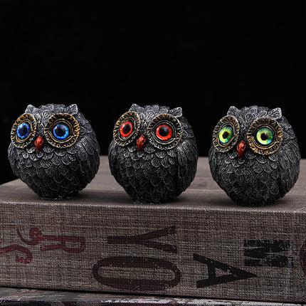 Set of Three Groups of Three Colors Small Decorative Resin Owl Figurine - Textured Statue with Blue Eyes(Blue, Green, Red)