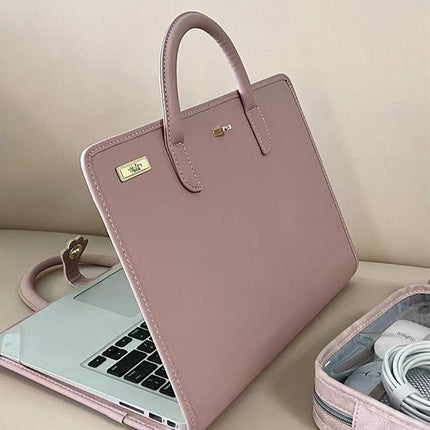 Stylish Leather Laptop Sleeve with Handle and Perforated Design - Soft Pink Color