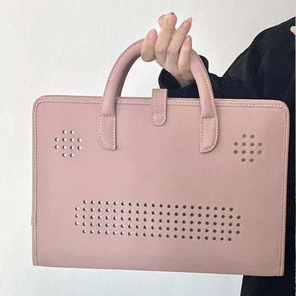 Stylish Leather Laptop Sleeve with Handle and Perforated Design - Soft Pink Color
