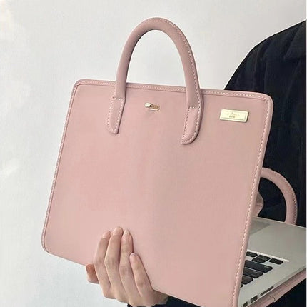 Stylish Leather Laptop Sleeve with Handle and Perforated Design - Soft Pink Color