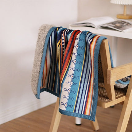 Double-Sided Geometric & Plush Throw Blanket - Warm 70x100cm Multi-Use Wrap(Color stripes/Back side light brown)