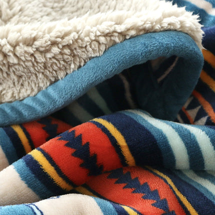 Double-Sided Geometric & Plush Throw Blanket - Warm 70x100cm Multi-Use Wrap(Color stripes/Back side light brown)