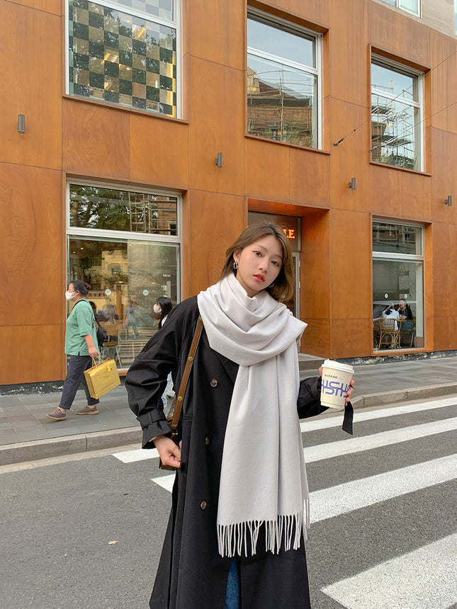 Luxury Cashmere Blend Scarf, Large 200x70cm Fringed Scarf (Ivory)