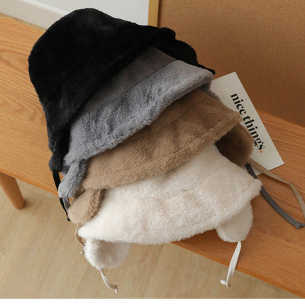 Plush Bucket Hat with Ear Flaps,Warm Furry Winter Hat in White-One size (54-59cm) adjustable