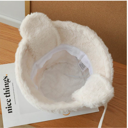 Plush Bucket Hat with Ear Flaps ,Warm Furry Winter Hat in Grey-One size (54-59cm) adjustable