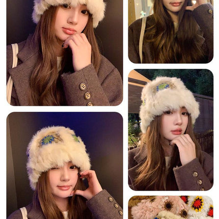 Plush Floral Bucket Hat,Warm Crocheted Winter Hat  in Khaki-Hat circumference: 56-60cm