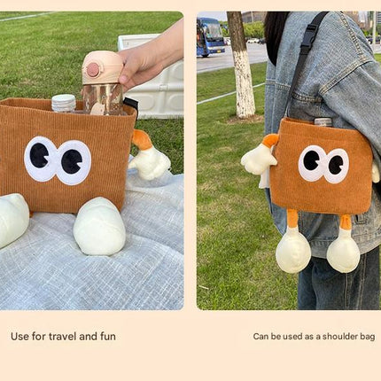 White Cute Cartoon Car Trash Bin with Adjustable Strap - Water-Repellent Corduroy (19x24cm)