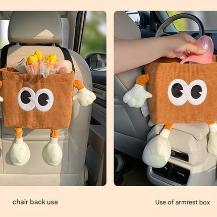 Brown Cute Cartoon Car Trash Bin with Adjustable Strap - Water-Repellent Corduroy (19x24cm)
