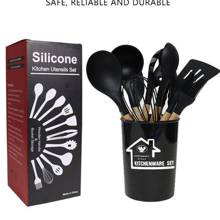 Black 11-Piece Silicone Kitchen Utensil Set with Wooden Handles and Storage Bucket - Heat Resistant and Non-Stick