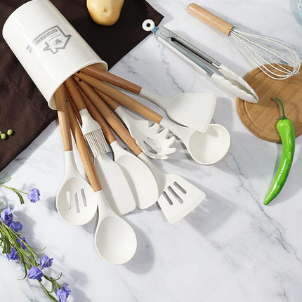 Light Green 11-Piece Silicone Kitchen Utensil Set with Wooden Handles and Storage Bucket - Heat Resistant and Non-Stick