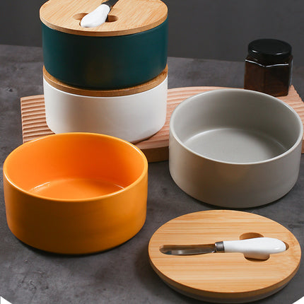 Green Nordic Ceramic Butter Dish with Knife - Airtight Cheese Container with Bamboo Lid, Kitchen Storage