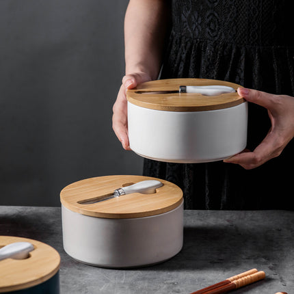 Gray Nordic Ceramic Butter Dish with Knife - Airtight Cheese Container with Bamboo Lid, Kitchen Storage