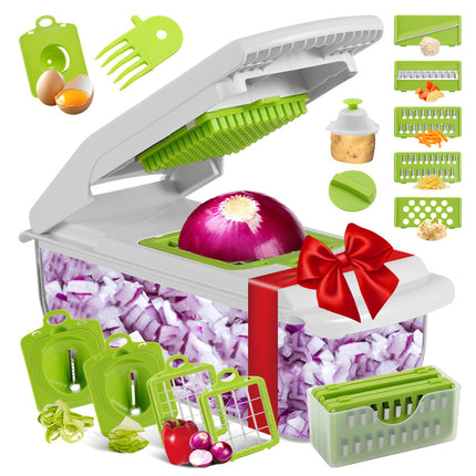 18-Piece Multi-Function Vegetable Chopper, Rotary Grater, Spiralizer and Slicer for Home Kitchen (White and green)