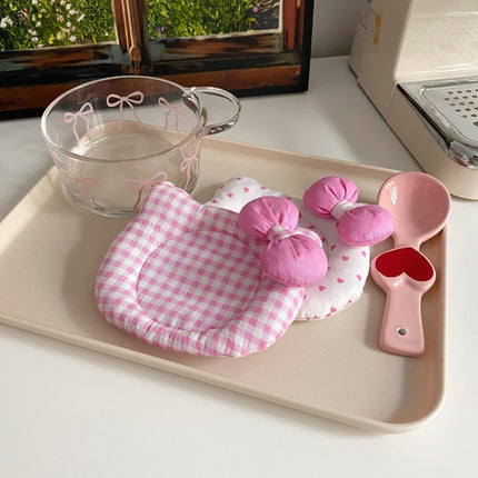 Korean INS Kitty Quilt Insulation Pad, Cute Fabric Kitchen Mat, Desktop Decoration (White and Pink)
