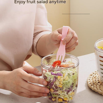 Green Double Layer Salad Cup with Fork - Leak-proof Fruit Container, Drain Design, Portable Oatmeal and Picnic Jar