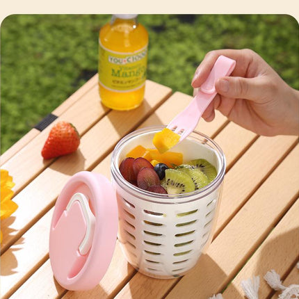 Pink Double Layer Salad Cup with Fork - Leak-proof Fruit Container, Drain Design, Portable Oatmeal and Picnic Jar