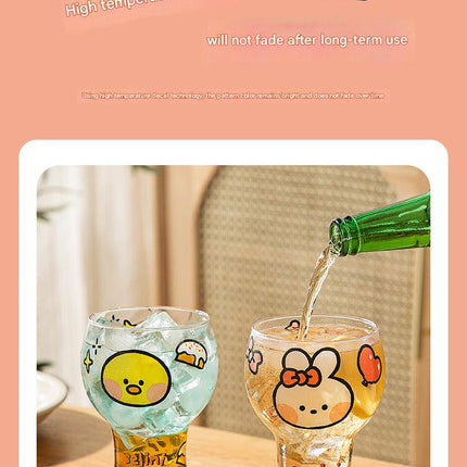 Mini Cartoon Glass Tumbler 400ml,Cute Beer and Juice Cup for Cold Drinks(White rabbit)