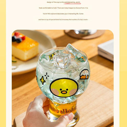 Mini Cartoon Glass Tumbler 400ml,Cute Beer and Juice Cup for Cold Drinks(Yellow duck)