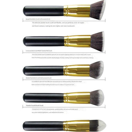 10-Piece Black and Gold Makeup Brush Set - Large and Small Brushes for Professional Beauty Application