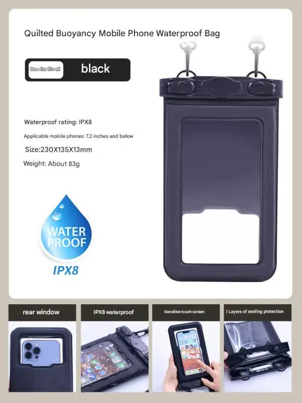 IPX8 Waterproof Phone Pouch with Inflatable Floating Layer Touchscreen Dry Bag for Swimming(black)
