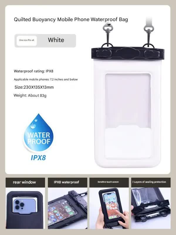 IPX8 Waterproof Phone Pouch with Inflatable Floating Layer Touchscreen Dry Bag for Swimming(white)