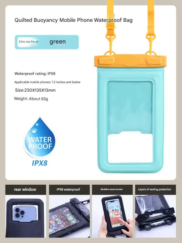 IPX8 Waterproof Phone Pouch with Inflatable Floating Layer Touchscreen Dry Bag for Swimming(green)