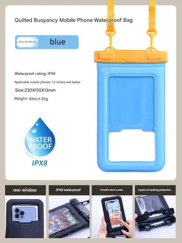 IPX8 Waterproof Phone Pouch with Inflatable Floating Layer Touchscreen Dry Bag for Swimming(blue)