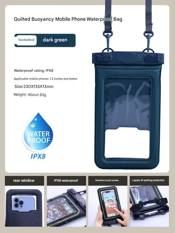 IPX8 Waterproof Phone Pouch with Inflatable Floating Layer Touchscreen Dry Bag for Swimming(dark green)
