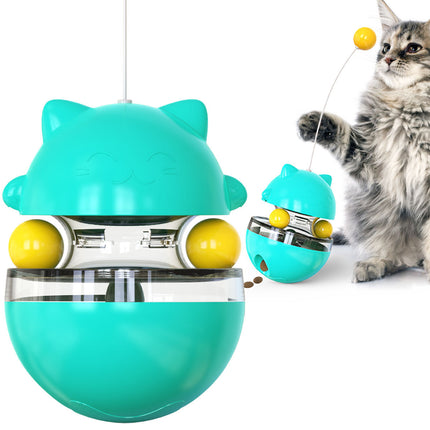 Cat Teaser Cup Toy, Interactive Treat Dispensing Ball with Wand (Blue)
