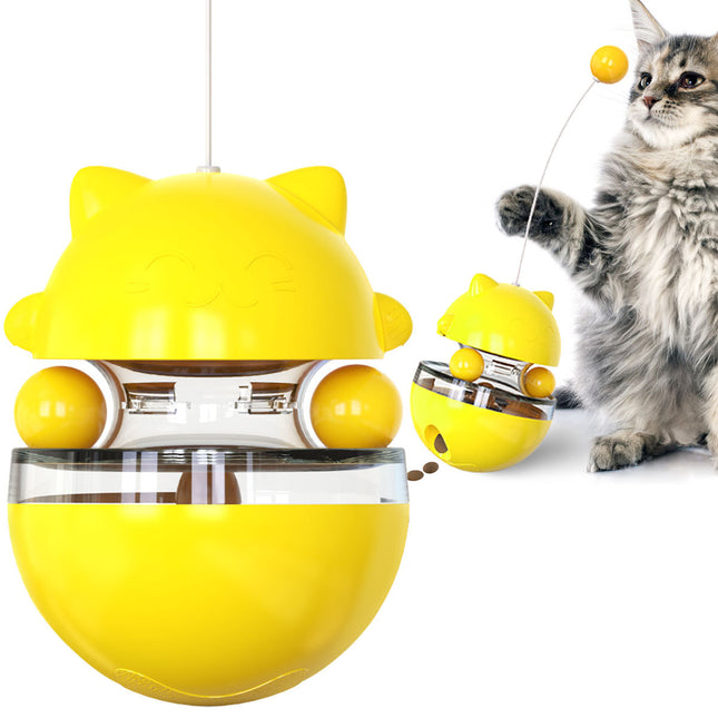 Cat Teaser Cup Toy Interactive Treat Dispensing Ball with Wand (Yellow) V888-ELOSUNG25381
