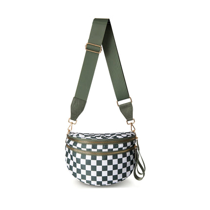 Oxford Cloth Crossbody Bag Large Capacity Shell-Shaped Fanny Pack with Adjustable Strap(Green plaid)